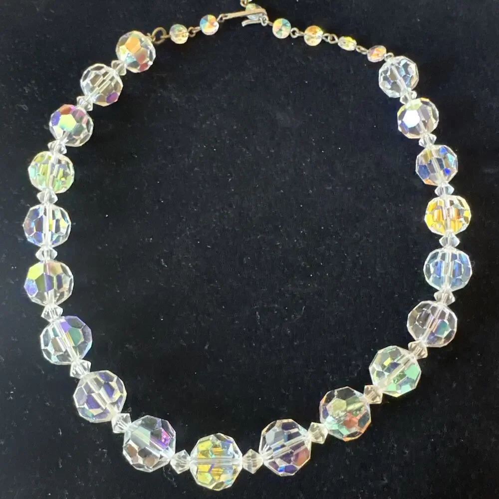Vtg Crystal Necklace Aurora Borealis‎ Adjustable 3 1/4” Beads 16” Collectible